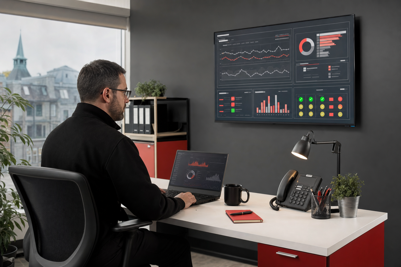 Technicien TI consultant un tableau de bord de surveillance pour une PME au Québec Technicien TI consultant un tableau de bord de surveillance pour une PME au Québec